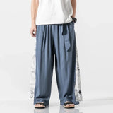 Pantalon Homme Japonais Haru bleu, coupe ample style kimono avec tissu fluide et détails imprimés traditionnels