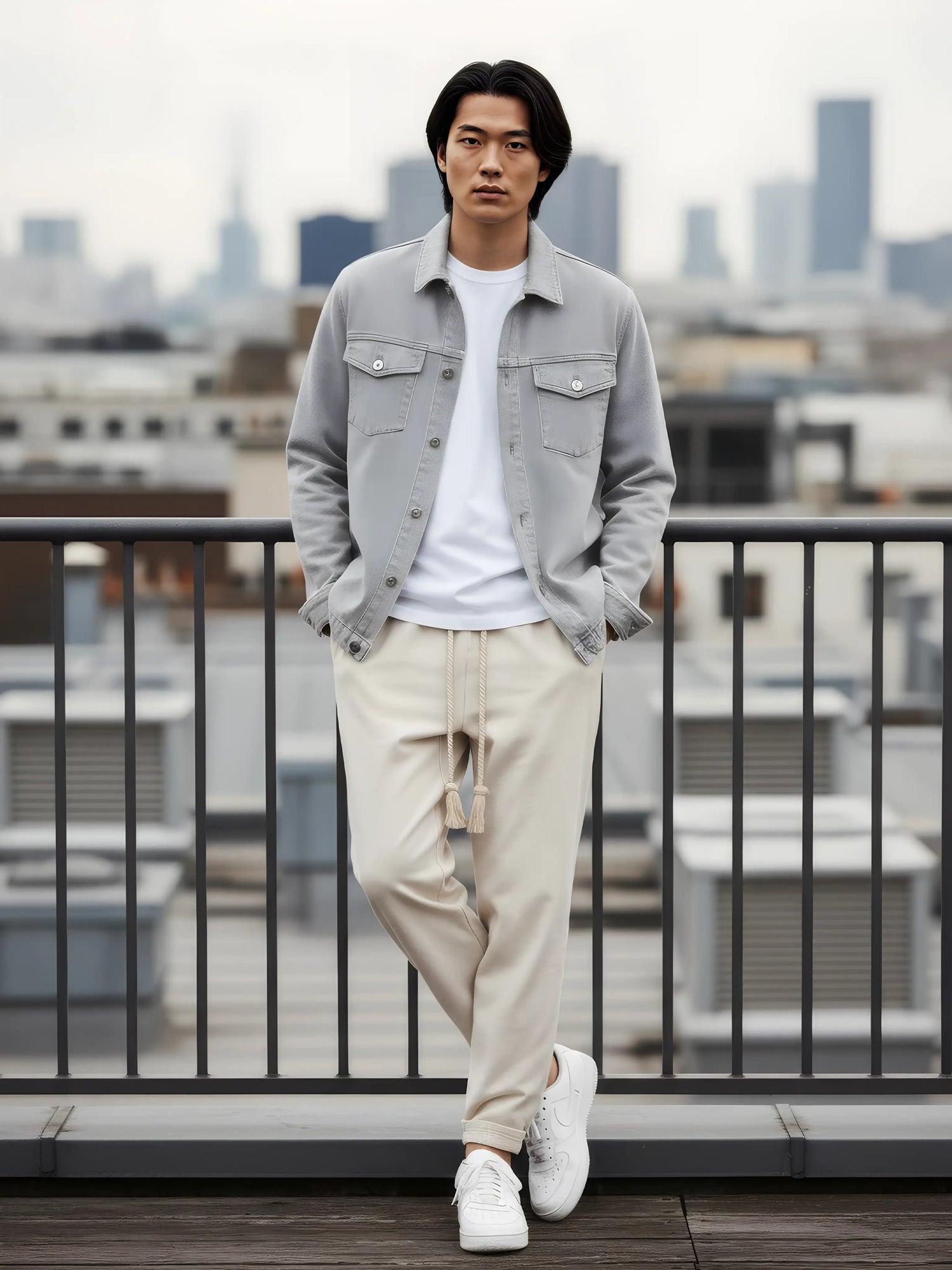 Pantalon homme japonais Natsu écru à coupe fluide, style minimaliste japonais, porté en tenue urbaine