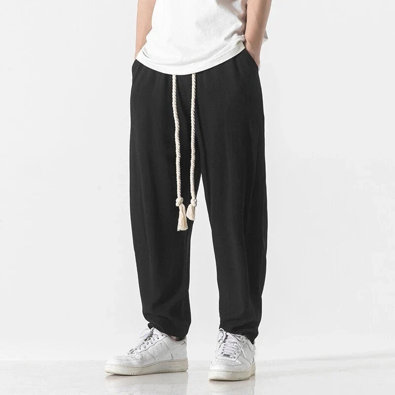 Pantalon Homme Japonais Natsu noir, coupe ample et fluide avec cordon en corde, style japonais décontracté