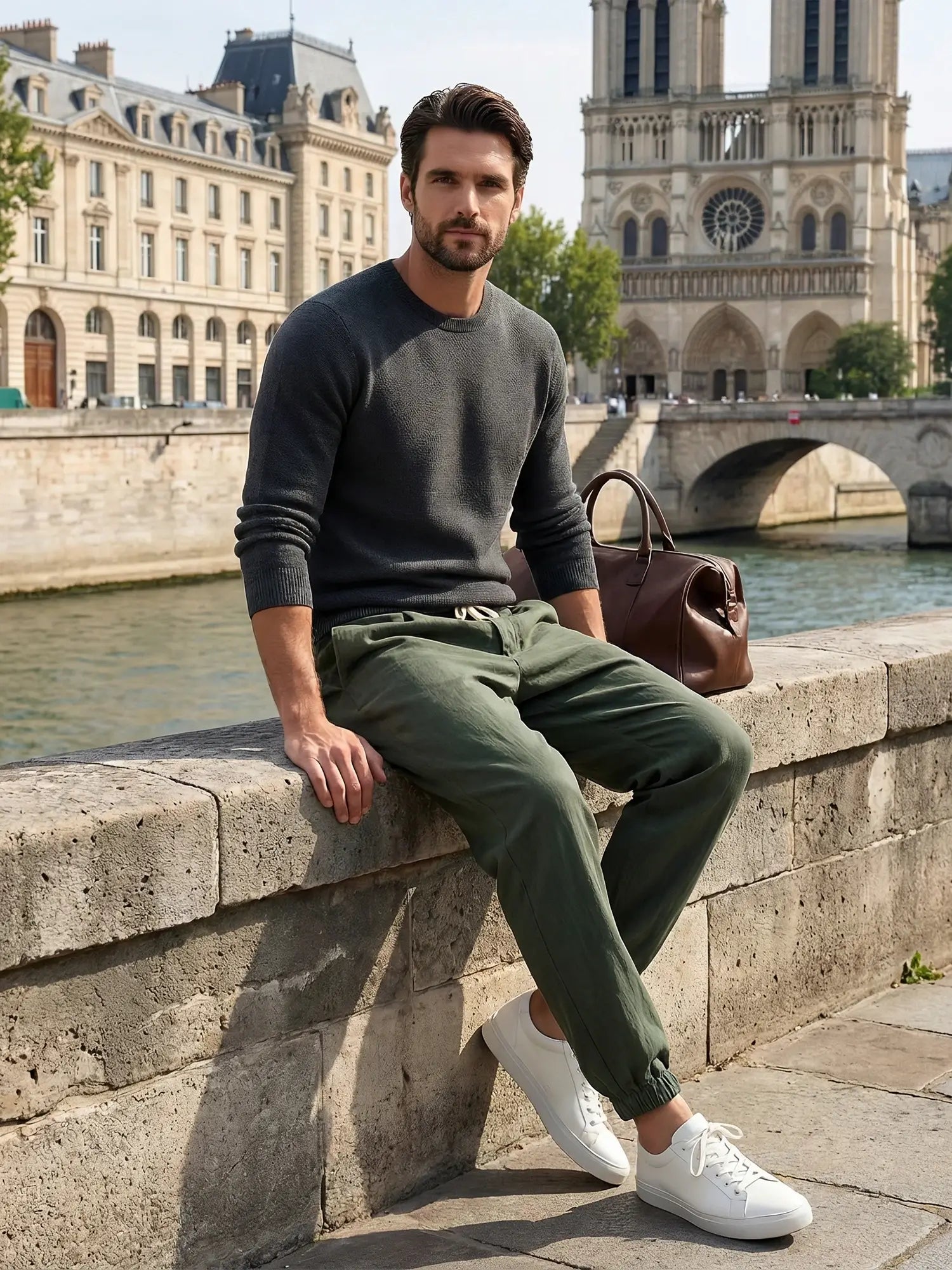Pantalon style japonais homme vert porté assis en extérieur avec coupe ample et chevilles resserrées