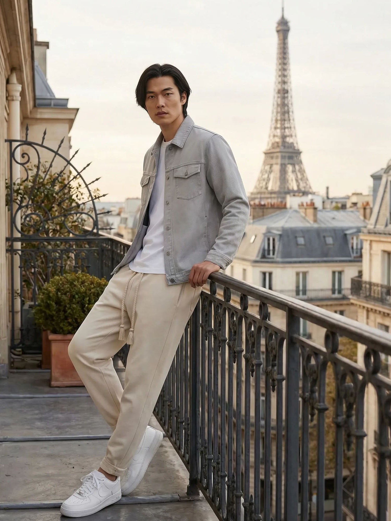 Homme portant un pantalon japonais beige à coupe ample, associé à une veste kimono moderne, sur un balcon parisien