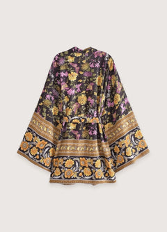 Kimono court de plage | floral vintage Noir