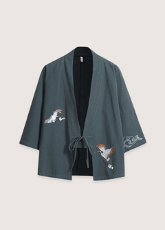 Haori homme | grues et nuages Bleu gris