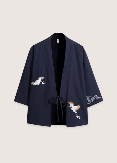 Haori homme grues et nuages Bleu marine
