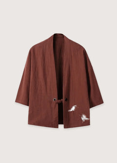 Veste kimono homme | grues brodées Café