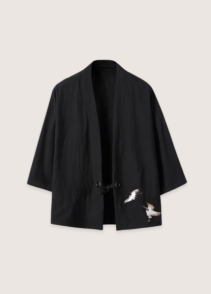 Veste kimono homme grues brodées Noir