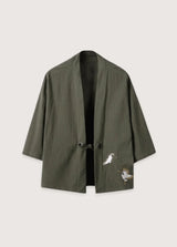 Veste kimono homme | grues brodées Vert kaki