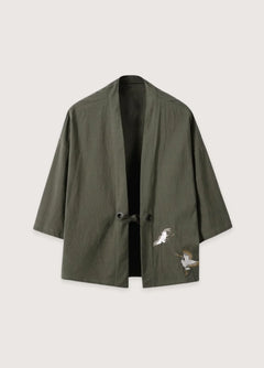 Veste kimono homme | grues brodées Vert kaki