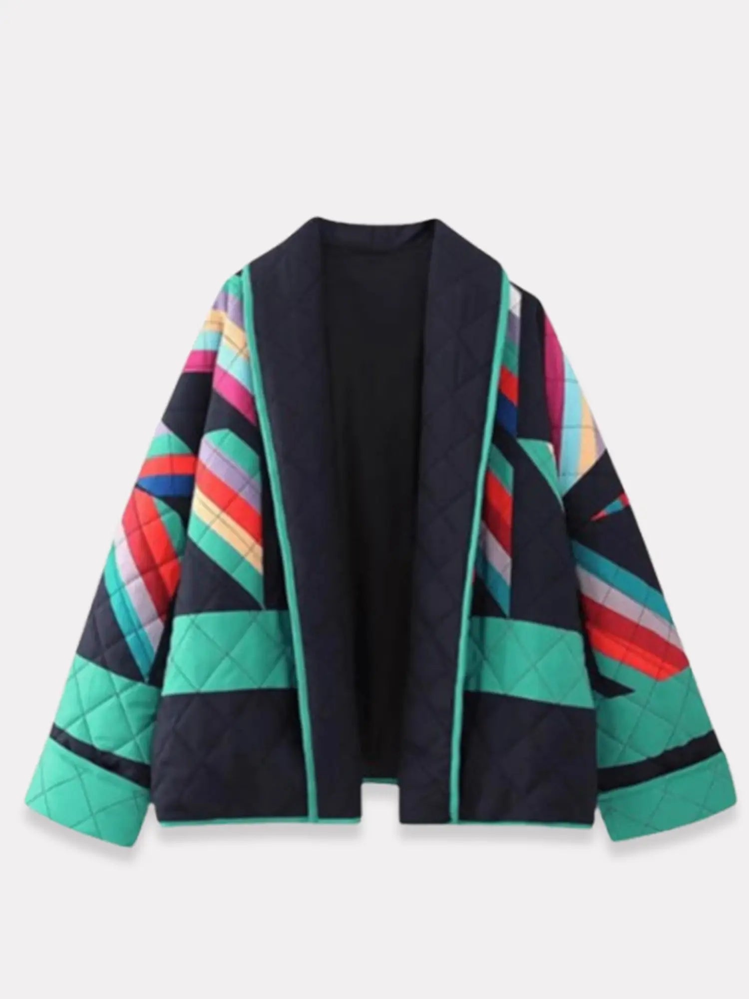 Veste kimono vintage Neon Sakura vue de face à plat avec motifs géométriques colorés